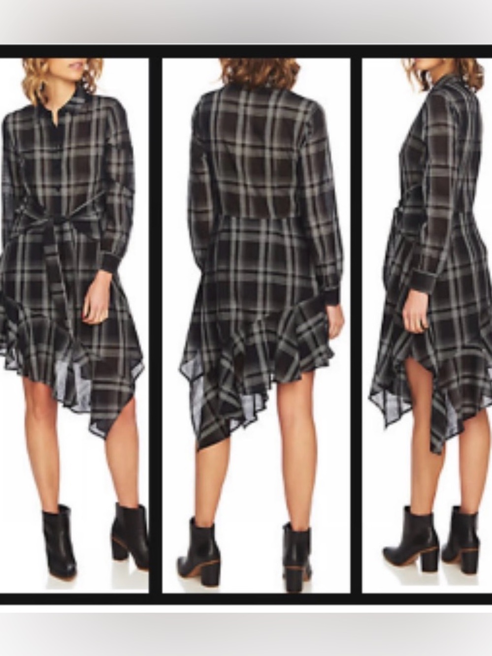 1. State Plaid Black White Tie front Asymmetrical Hem Shirt Dress Long Sleeve